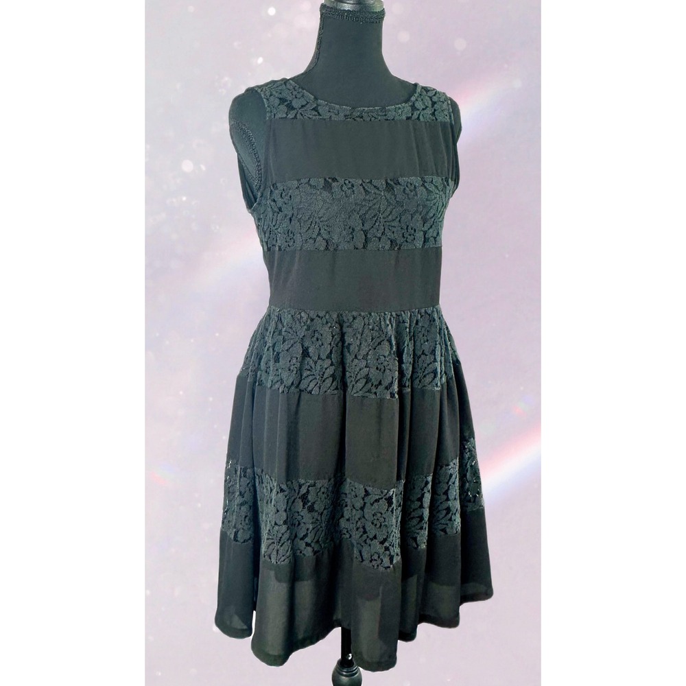 Ya Los Angeles‎ Black Lace Striped Fit and Flare Dress Sleeveless YL13635 Large